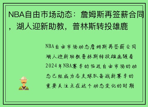 NBA自由市场动态：詹姆斯再签薪合同，湖人迎新助教，普林斯转投雄鹿