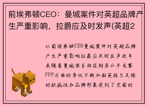 前埃弗顿CEO：曼城案件对英超品牌产生严重影响，拉爵应及时发声(英超21轮曼城埃弗顿)