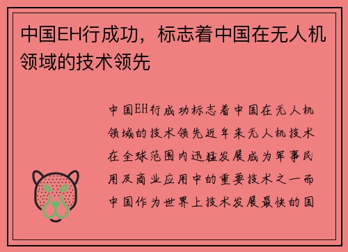 中国EH行成功，标志着中国在无人机领域的技术领先