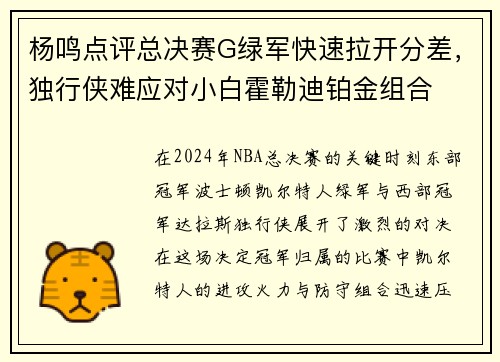 杨鸣点评总决赛G绿军快速拉开分差，独行侠难应对小白霍勒迪铂金组合