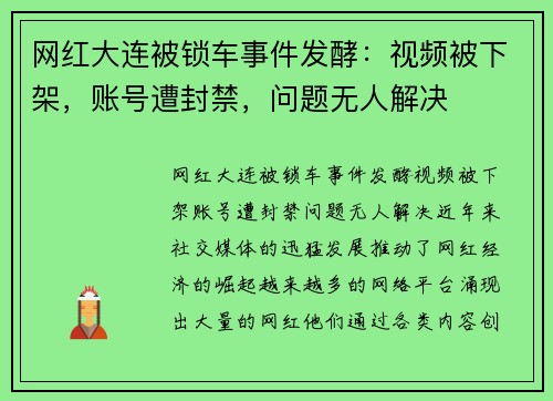 网红大连被锁车事件发酵：视频被下架，账号遭封禁，问题无人解决