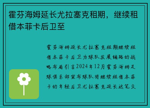 霍芬海姆延长尤拉塞克租期，继续租借本菲卡后卫至