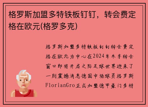 格罗斯加盟多特铁板钉钉，转会费定格在欧元(格罗多克)